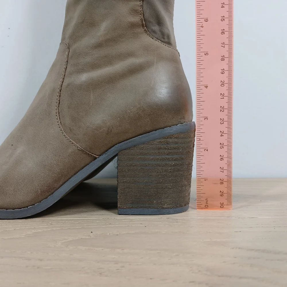 Joyfolie Grayson Tan Brown Leather Over the Knee‎ Stretch Block Heel Boots 1579